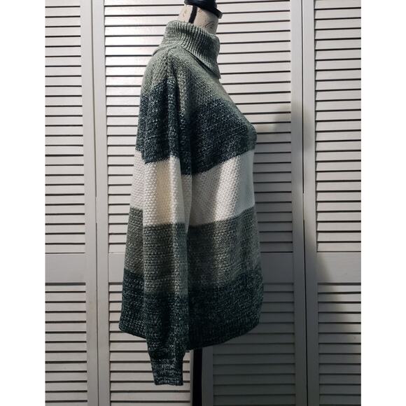 Zenana Knit Turtleneck Sweater Women's XL Green Cream Striped Balloon Sleeve - Picture 4 of 10